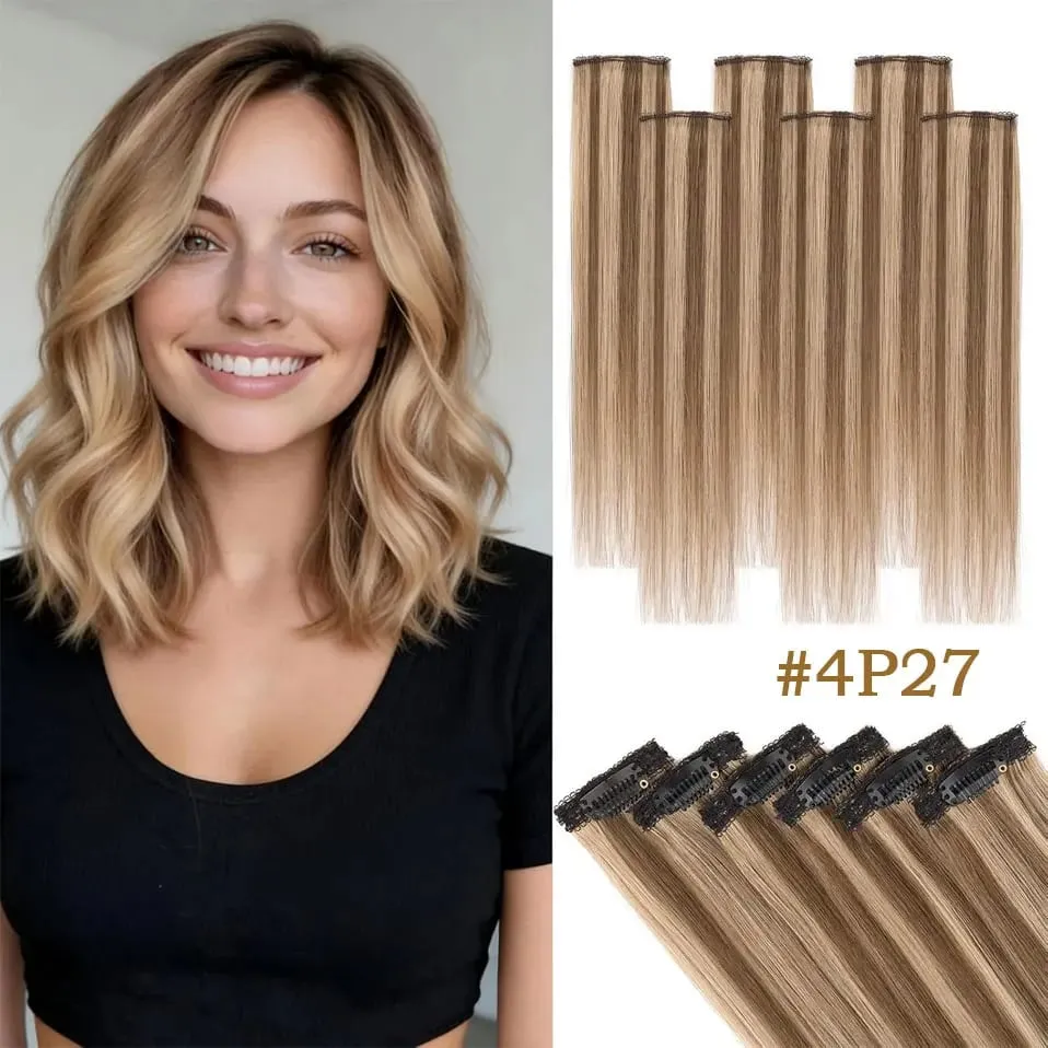 6 Pcs Clip In Human Hair Extensions Single Clip Ins Short Hair Extensions Seamless Straight Highlight Hairpieces for Women — image 14