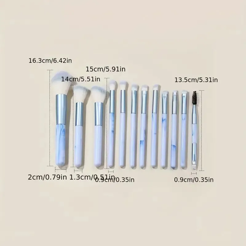 12Pcs Blue Makeup Brushes Set Professional Foundation Powder Blending Blush Concealer Synthetic Fiber Bristles Brush