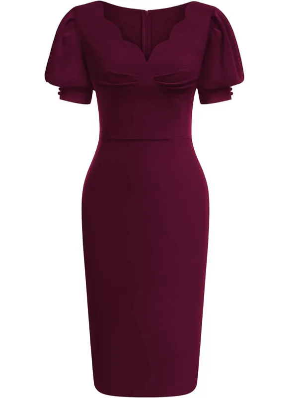 Women Elegant Cutout V-Neck Puff Sleeve Vintage Slim Work Office Cocktail Party Business Sheath Bodycon Pencil Dress — image 5
