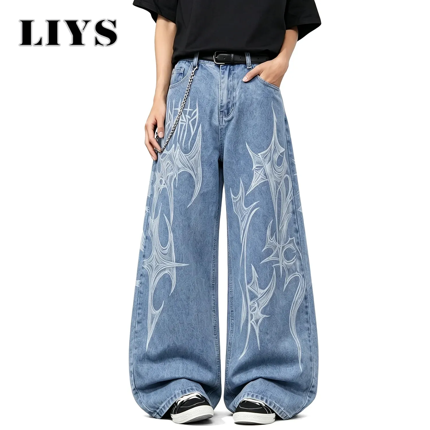 Ανδρικά casual σπιράλ γκράφιτι με στάμπα Hip Hop Oversized φαρδύ τζιν με φαρδύ πόδι Trendy Casual Slop Lazy Street Daily Denim Παντελόνι