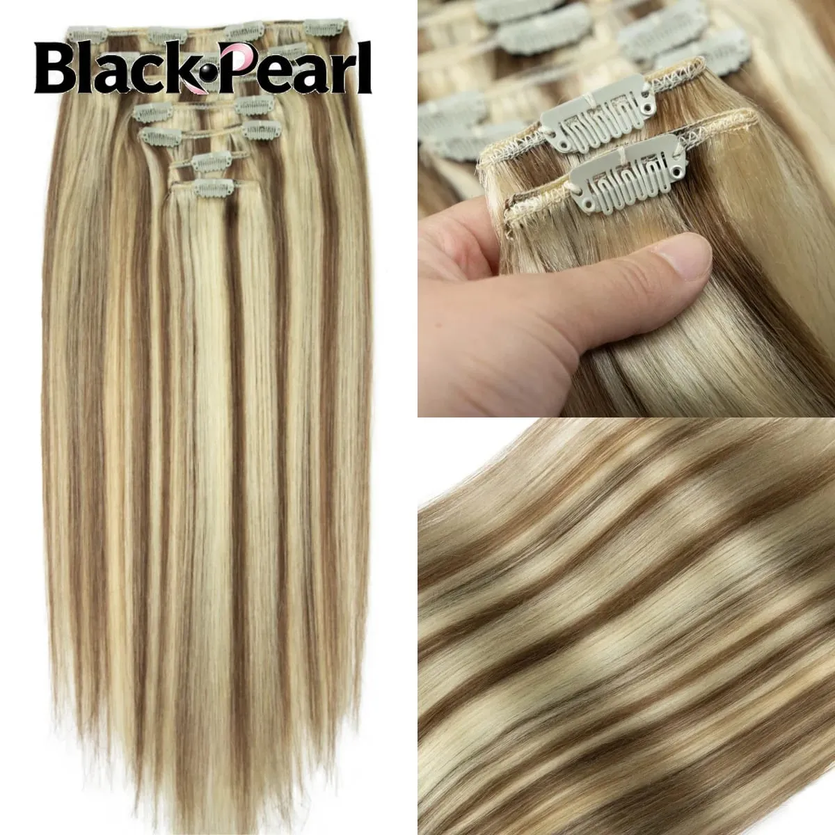 7PCS Double Weft Balayage Clip in Human Hair Extensions Light Brown to Bleach Blonde Ombre Remy Natural Straight Seamless for Wo