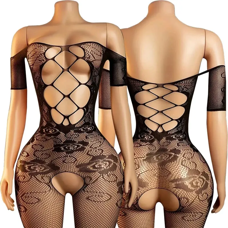 Black Fishnet Off-Shoulder Open-Crotch Bodystocking Lingerie Set Sexy Crotchless Teddy Bra Women's Erotic Underwear 2026 — image 9