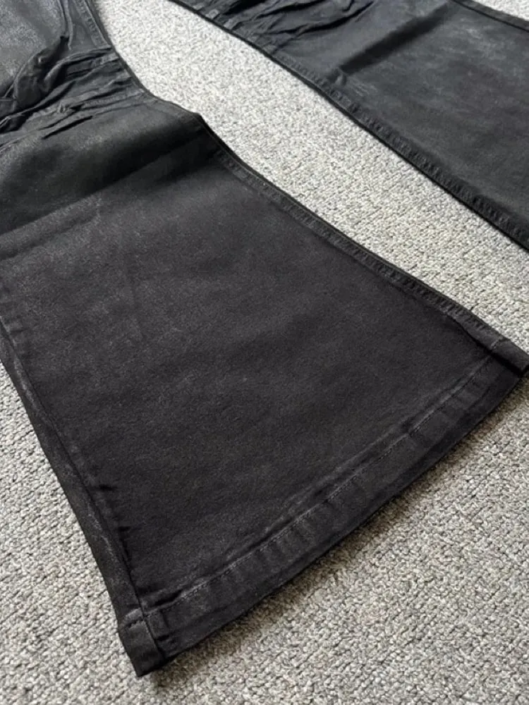 Retro Dark American High Street Handmade Brush Wax Coating Washed Floor Micro Flared Jeans Men Trendy mid Waist Loose Fit Jeans — image 5