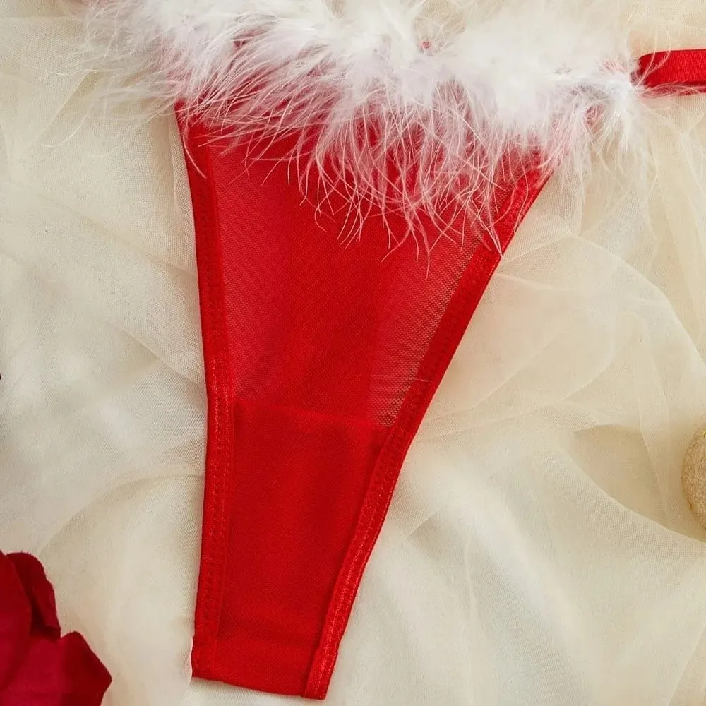 Furry Women's Underwear Mesh Transparent Bow Decor Lingerie Set Romantic Intimate Wireless Bra Panties Suit Christmas — image 5