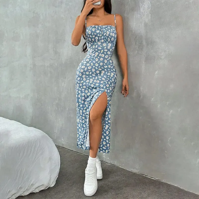 Y2K Elegant Women's Clothing SummerTrend Flower Print Spaghetti Strap Sleeveless with High Slit Ladies Bodycon Vintage Dresses