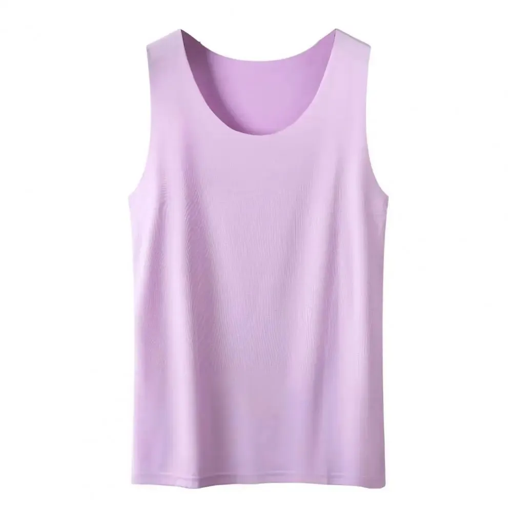 Women Bottoming Vest Ice Silk Seamless Sleeveless Pure Color Plus Size Stretchy Round Neck Dry Dry Cooling Camisole Basic Top 80