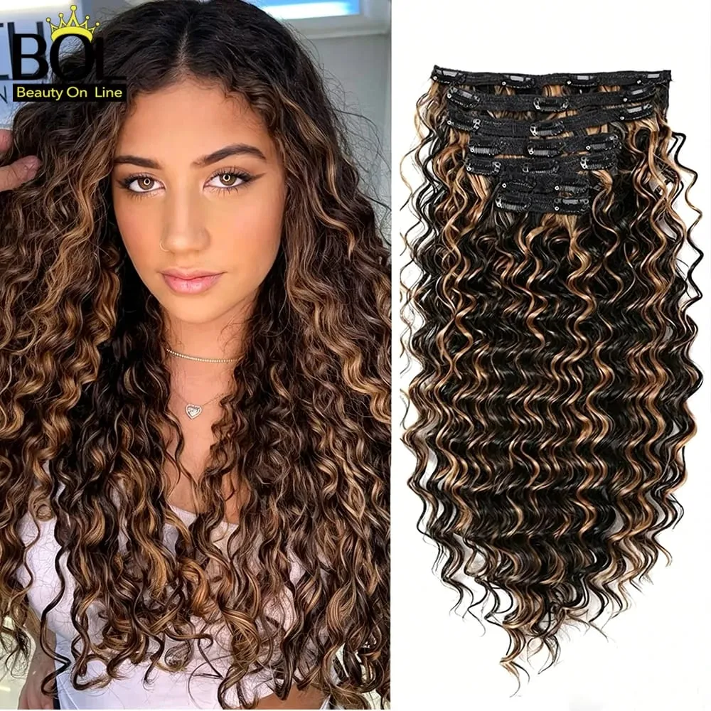 Clip sintetica a onda profonda da 24 pollici nelle estensioni dei capelli 7 pezzi / set 140g capelli finti testa piena parrucchino clip ricci capelli per le donne