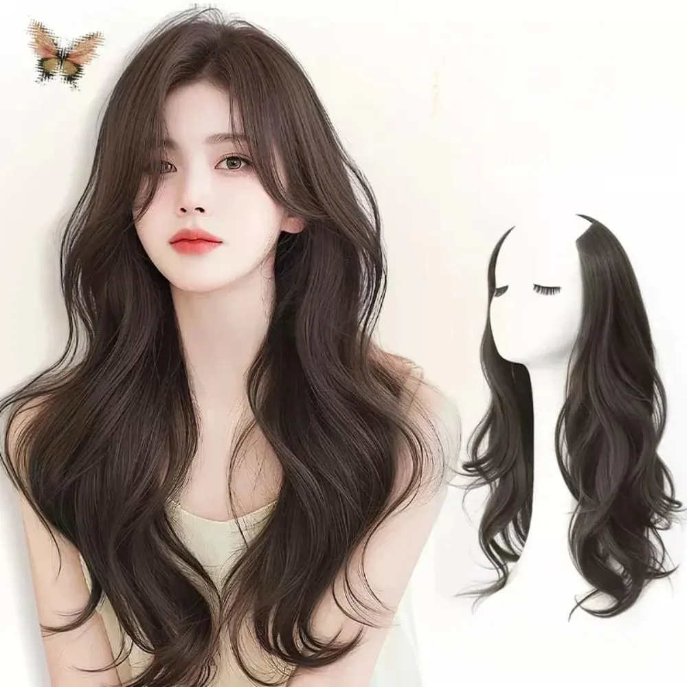 Synthetic Women Long Curly Invisible Seamless V-shaped Wig Simulated Increase Volume Fluffy High-level One-piece Hair Extension — image 1