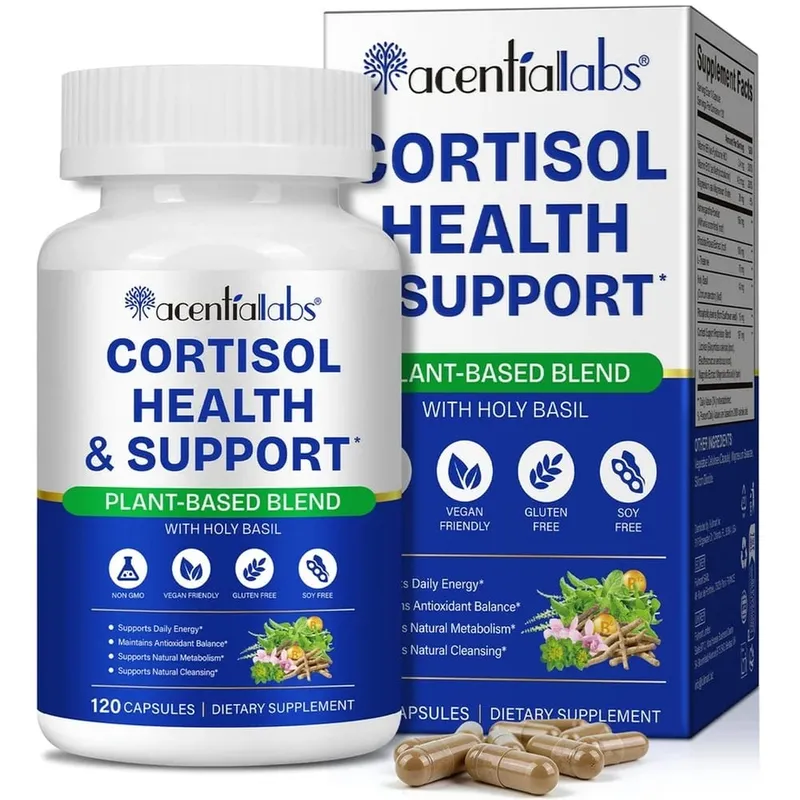 AcentiaLabs Cortisol Health & Support Capsules with Holy Basil Ashwagandha and Magnesium for Calm Stress Balance 120 Capsules