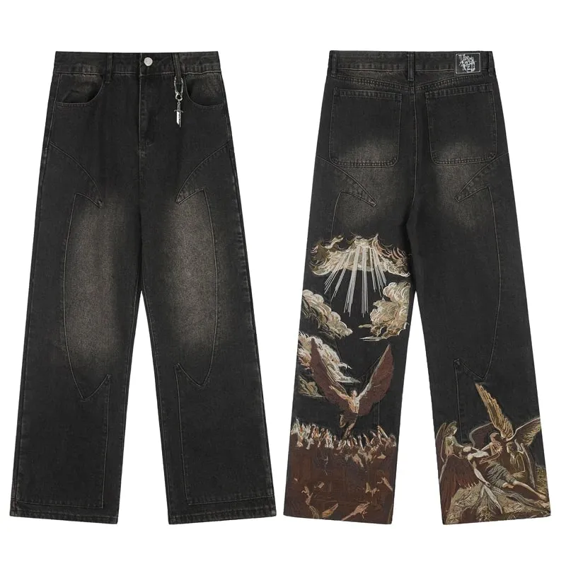 Blue Vescartes Cherry Blossom Knight Loose Straight Jeans High Quality Men Women Streetwear Fashion Denim Trousers Leather Label — image 10