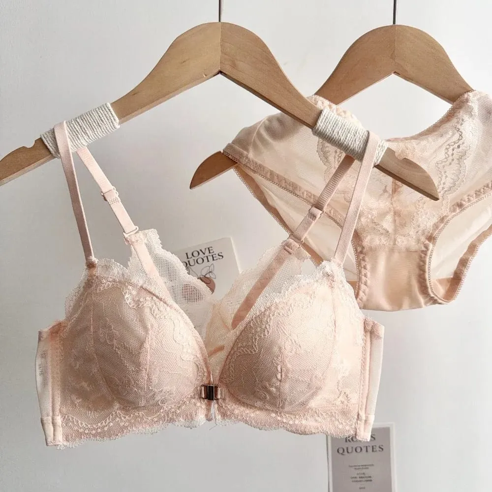 Women Small Bust Lace Bra Set Front Closure Wireless Beautiful Back Push‑Up Brassiere Soft Daily Lingerie Underwear Size 32‑38AB — image 5