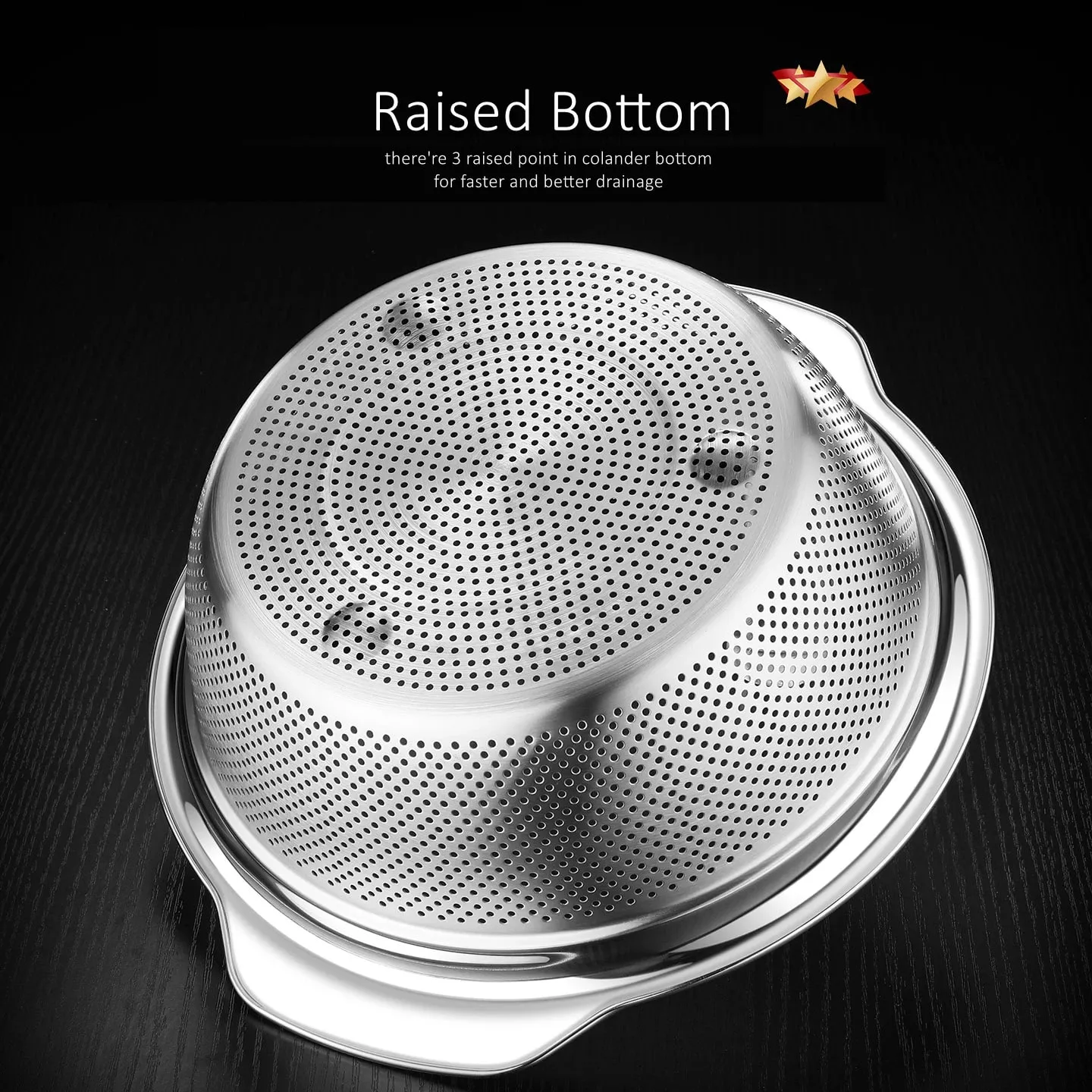 LFGB Certification Kitchen Fruit Vegetable and Rice Washing Basin 23~31cm Diameter Dense Drainage Hole Colander with Side Handle — image 3