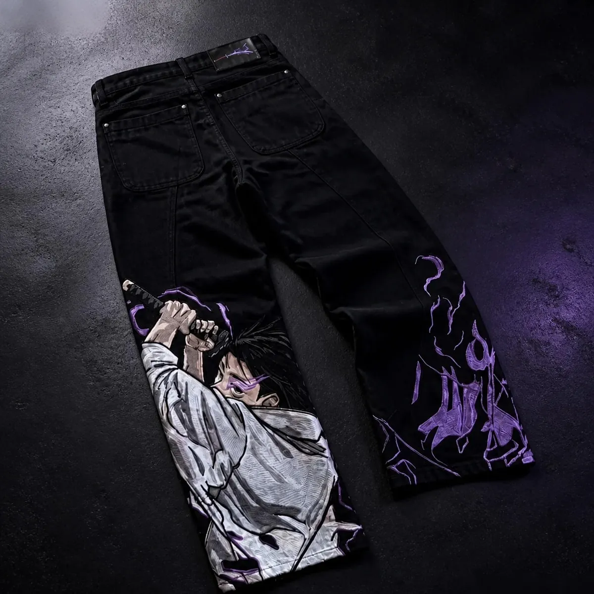 Men Y2K Anime Character Embroidered Jeans Streetwear Cargo Denim Pants Straight Leg High Waist Loose Rock Punk Unisex Jeans