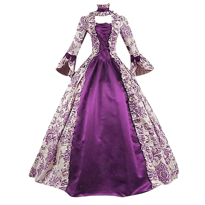 Robe longue à lacets pour femmes, tenue médiévale, à volants, avec nœud, Vintage, carnaval victorien, Maxi, taille haute, motif Floral, féerique