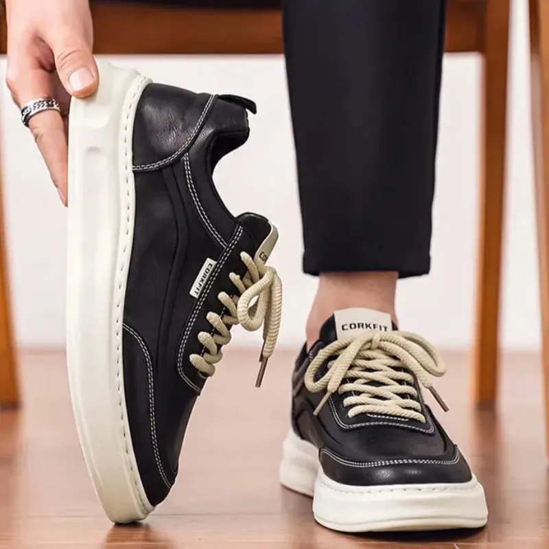 Men Sneakers Spring Summer Casual Board Shoes Smooth Texture Thick Sole Lace Up Minimalist Daily Footwear — image 3