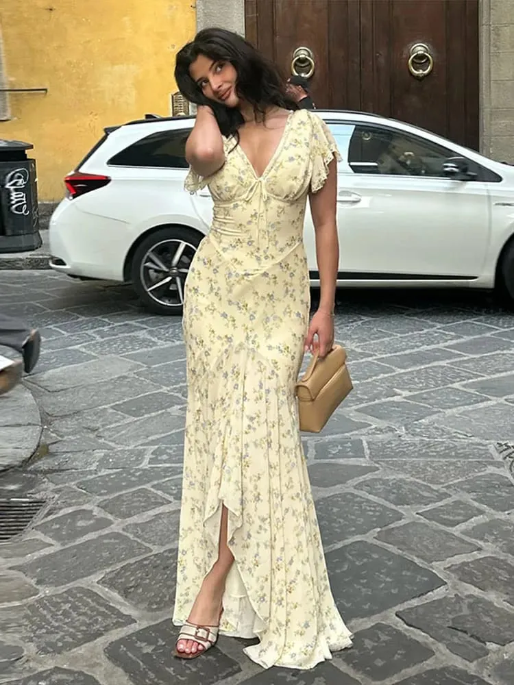 Floral Print Lace Trim Flutter Sleeve Maxi Dress Deep V-Neck High-Low Chiffon 2026 Summer Chic Romantic Women Feminine Gown — image 2