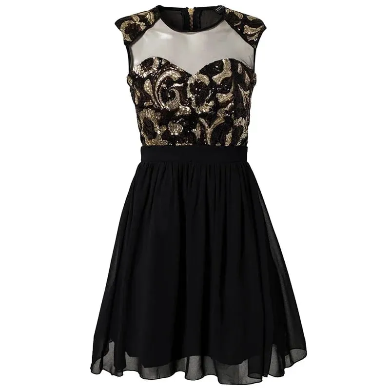 Elegant Vintage Black Mesh Insert Skater Dress Sexy Peplum Dress New Fashion Summer Dress Women Casual Chiffon Dress — image 5