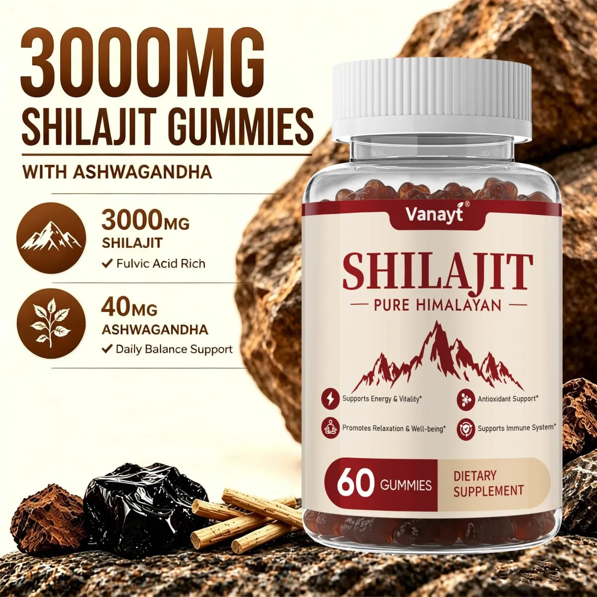 3000mg Shilajit Mineral Gummies Supports Natural Vitality Mental Wellness Balanced Mood For Daily Health 60 Count — image 1