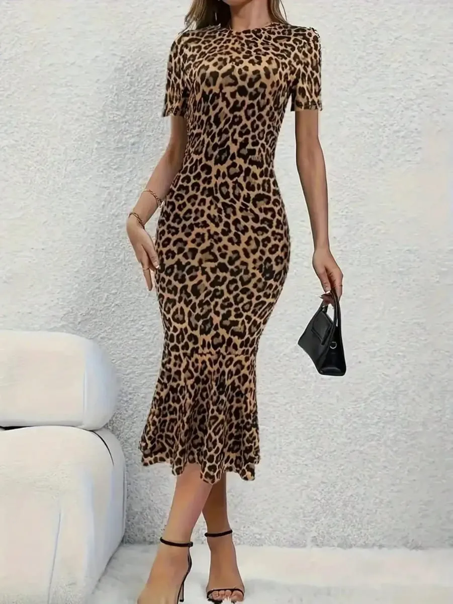 Spring Summer Fashion European Style Leopard Print round Neck Short Sleeve Fish Tail Hem Long Dress — image 4