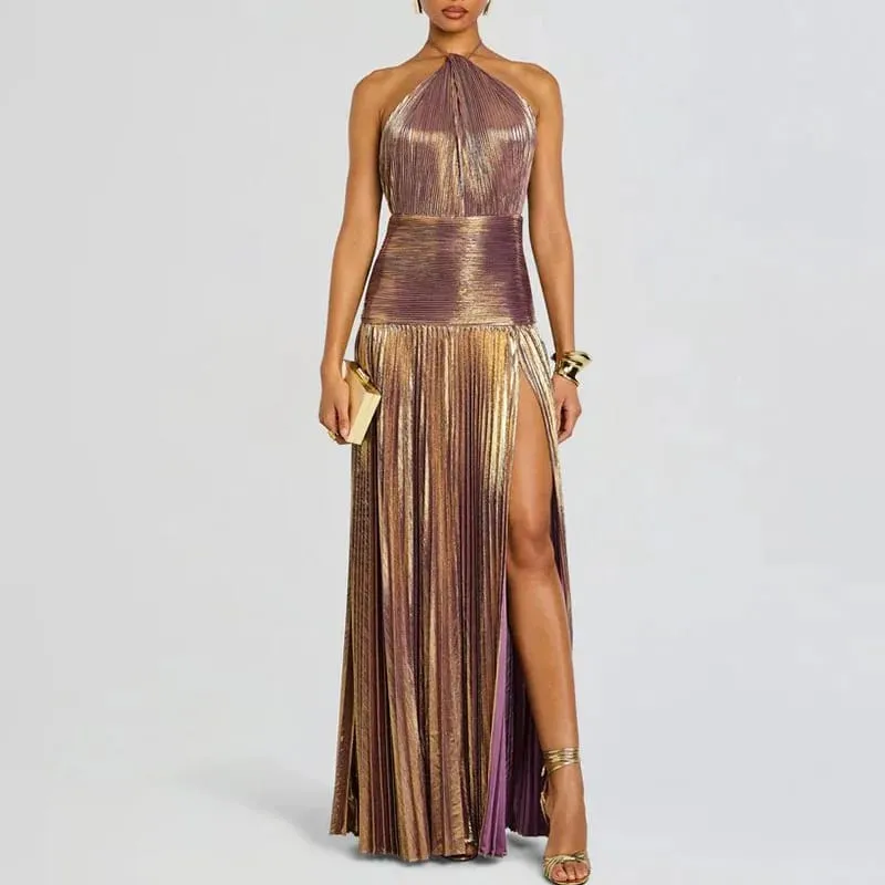 Gold Sexy Halter High Split Gowns Evening Dress Woman Chic Solid Hollow Pleated Long Dress Spring Summer Backless Zip Maxi Dress — image 13