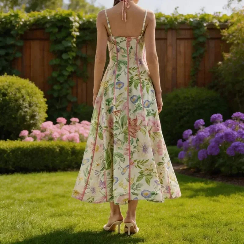 Women's Retro Floral Print Corset Maxi Dress Sexy Sleeveless Halter Neck Flowy Long Dress Lady Summer Vacation Dating Streetwear — image 5