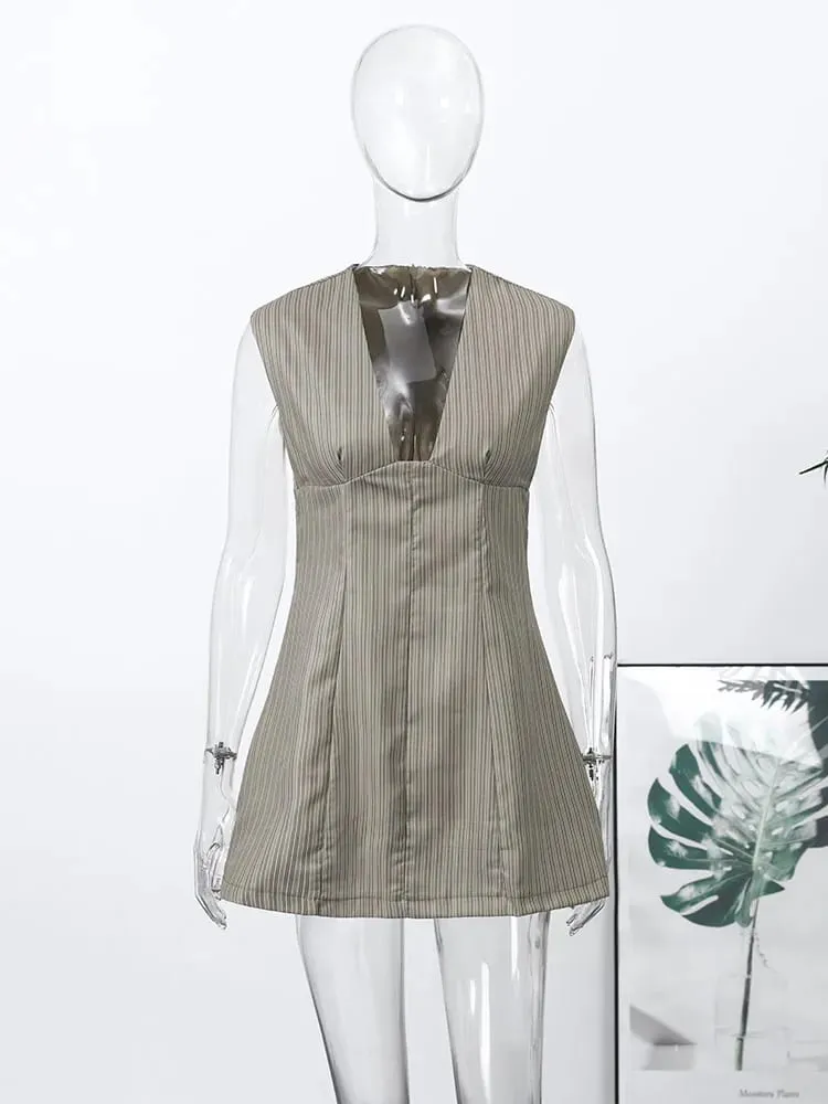 Casual Stripe Sleeveless Mini Dresses Women's Slim Waist-cinching V-neck Dress 2026 New Ladies Spring Summer Solid Outwear — image 4