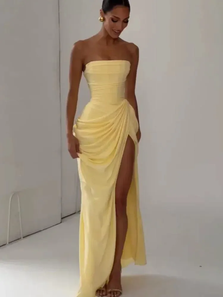 Women Sexy Solid Pleated Strapless Dress Lady Chic Off-shoulder Backless High Waist Split Dresses 2026 New Evening Party Gown — image 1