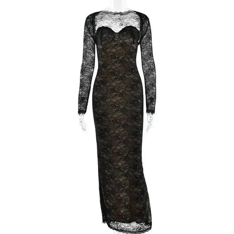 Townlike Lace Slim Bodycon Maxi Long Dress Women 2025 Summer Autumn Winter Dress Nightclub Sexy Party Dresses With Shawl Lining — image 5
