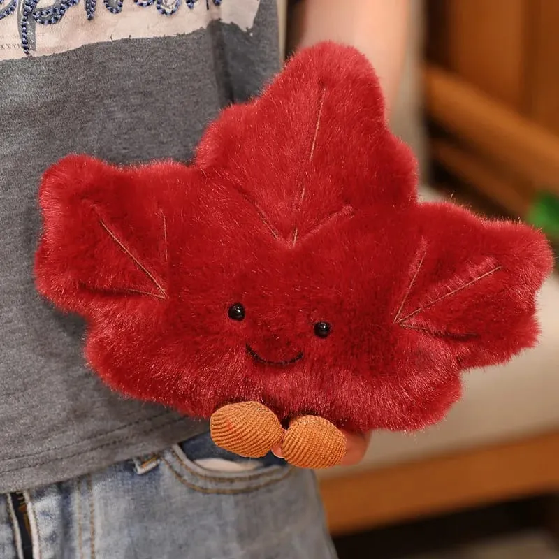 Cute Maple Leaf Plush Pillow Stuffed Red Green Plant Cushion with Legs Smiling Face Cute Plushie Sofa Chair Decor Gift