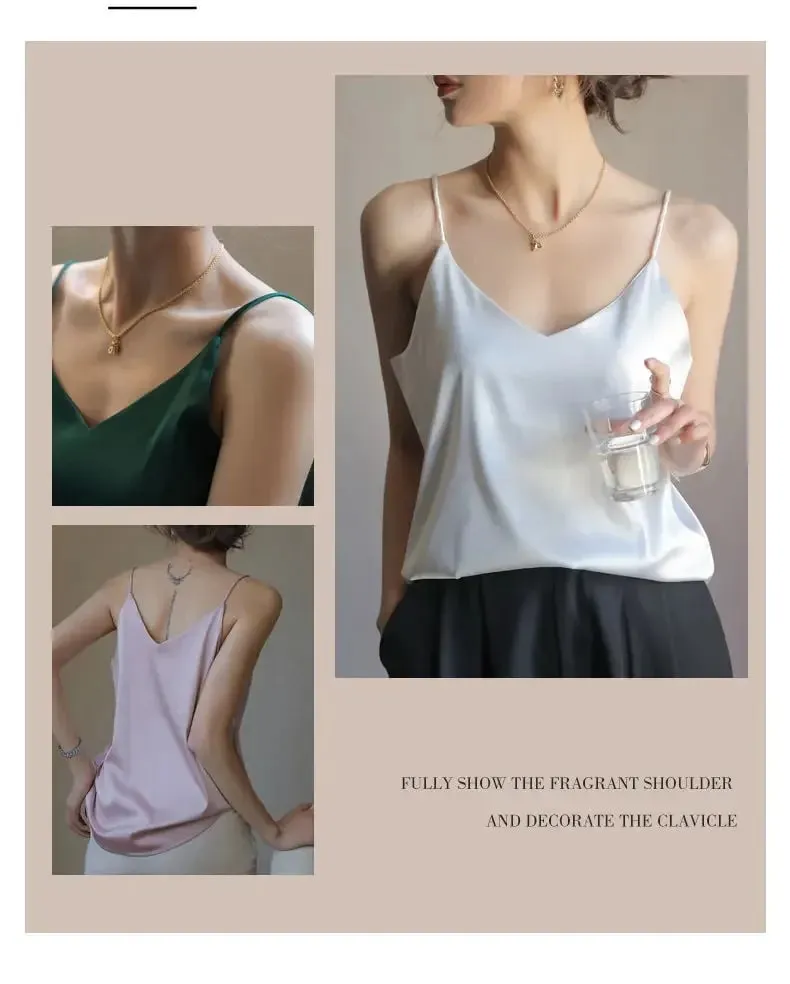 Women Halter V Neck Basic White Cami Spaghetti Strap Top Sleeveless Satin Silk 2026 Tank Tops Women'S Summer Camisole — image 8