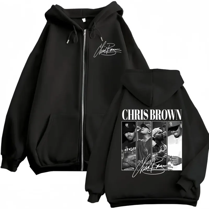 Rapper Chris Brown Graphic Zipper Hoodies Men Women Vintage Fashion Zip Up Pullovers Harajuku Hip Hop Long Sleeve Sweatshirts — image 1