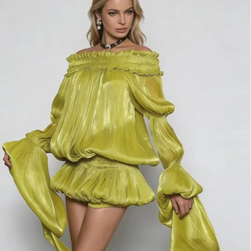 Chic Lime Green Off Shoulder Mini Dress Oversized Flare Sleeve Shiny Smocked Waist Bubble Hem Skirt Sexy Party Date Wear New — image 2