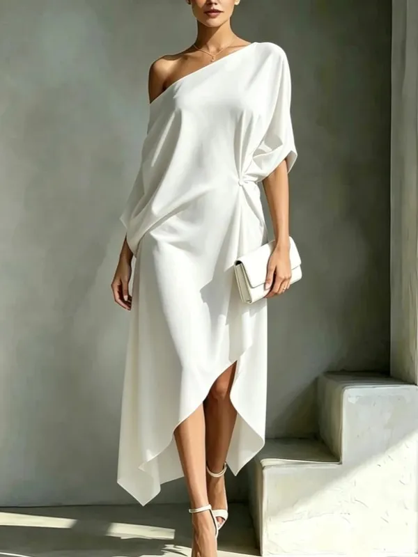 Elegant Off Shoulder Half Sleeve Dress Women Summer Batwing Sleeves Irregular Button Design Vintage Casual Holiday Beach Dresses — image 4