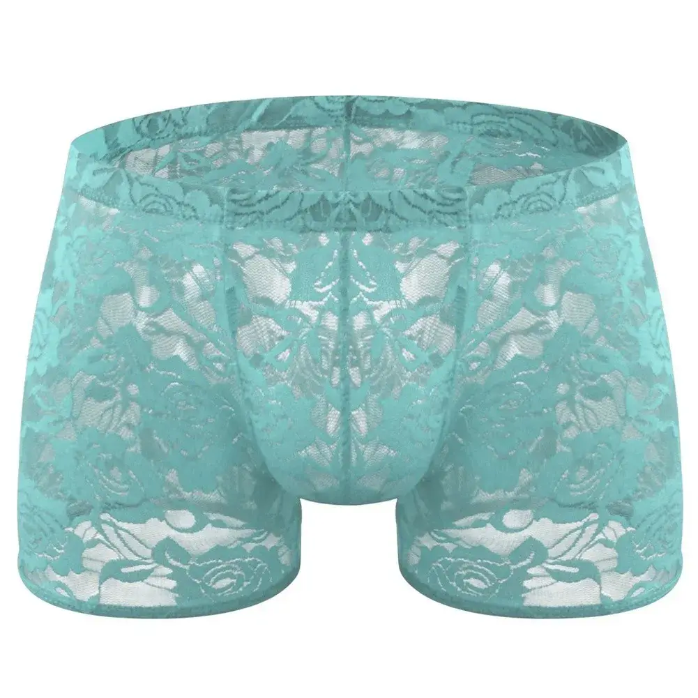 Men See Through Lace Boxer Shorts Bulge Pouch Low Waist Underwear Solid Panties Elastic Waist Breathable Transparent Underwear