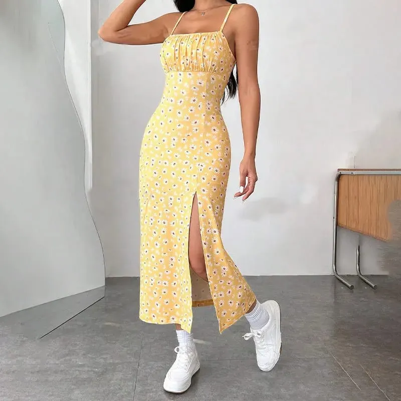 Y2K Elegant Women's Clothing SummerTrend Flower Print Spaghetti Strap Sleeveless with High Slit Ladies Bodycon Vintage Dresses