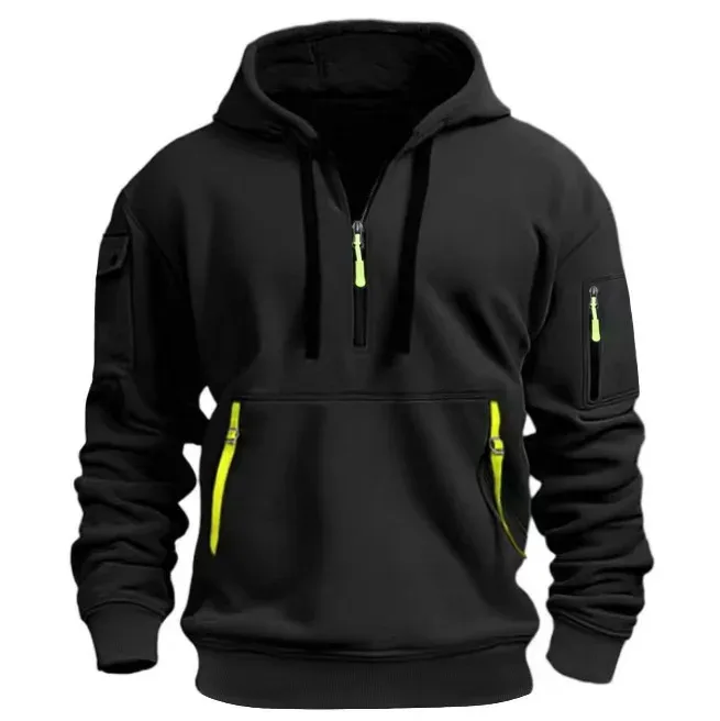 Autumn Men Half Zip Hoodie Multi Zipper Pocket Long Sleeve Pullover Drawstring Hooded Sweatshirt Outdoor Casual Loose Street .