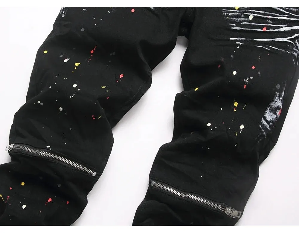 Men Painted Slim Tapered Jeans Punk Zipper Black Stretch Denim Pants Casual Streetwear Trousers — image 6