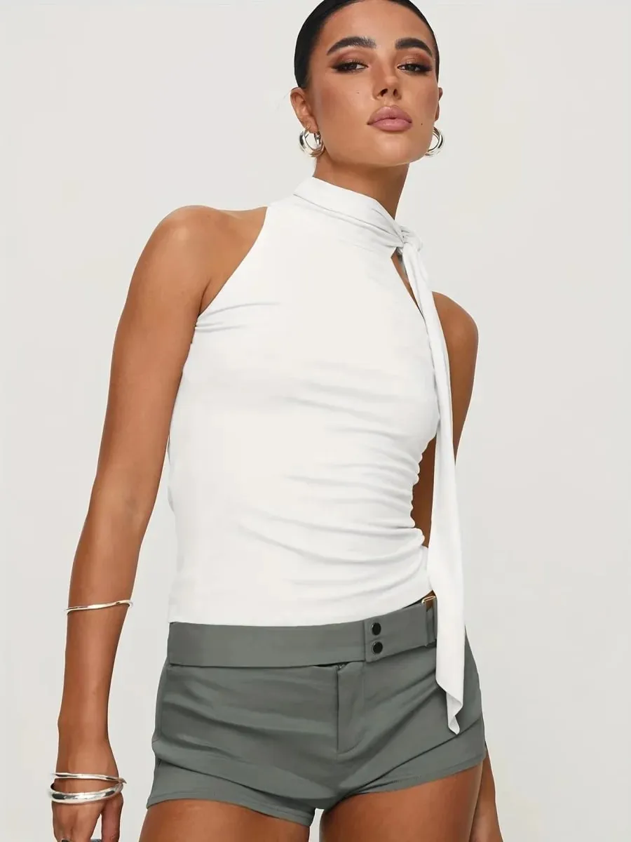 Women Solid Color Halter Neck Tie Detail Sleeveless Top Summer Casual Y2K Street Style Slim fit Crop Top