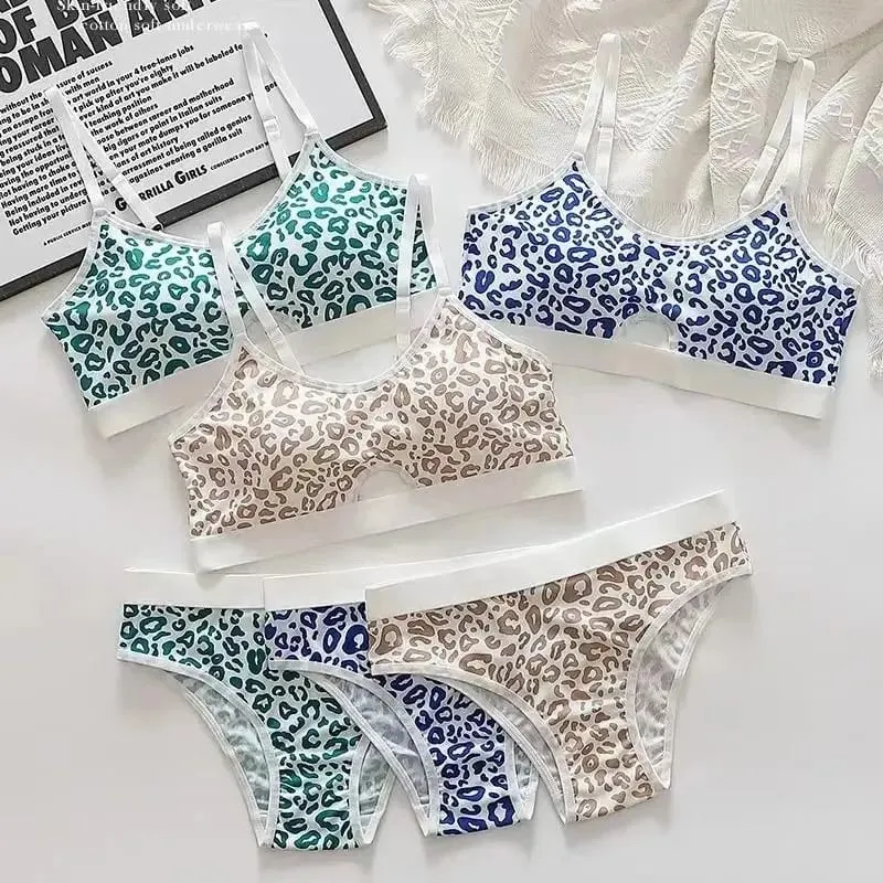 Low Waist Leopard Print Bra and Panty Lingerie Set Comfortable Daily Wear Soft Underwear Two Piece Intimate Apparel