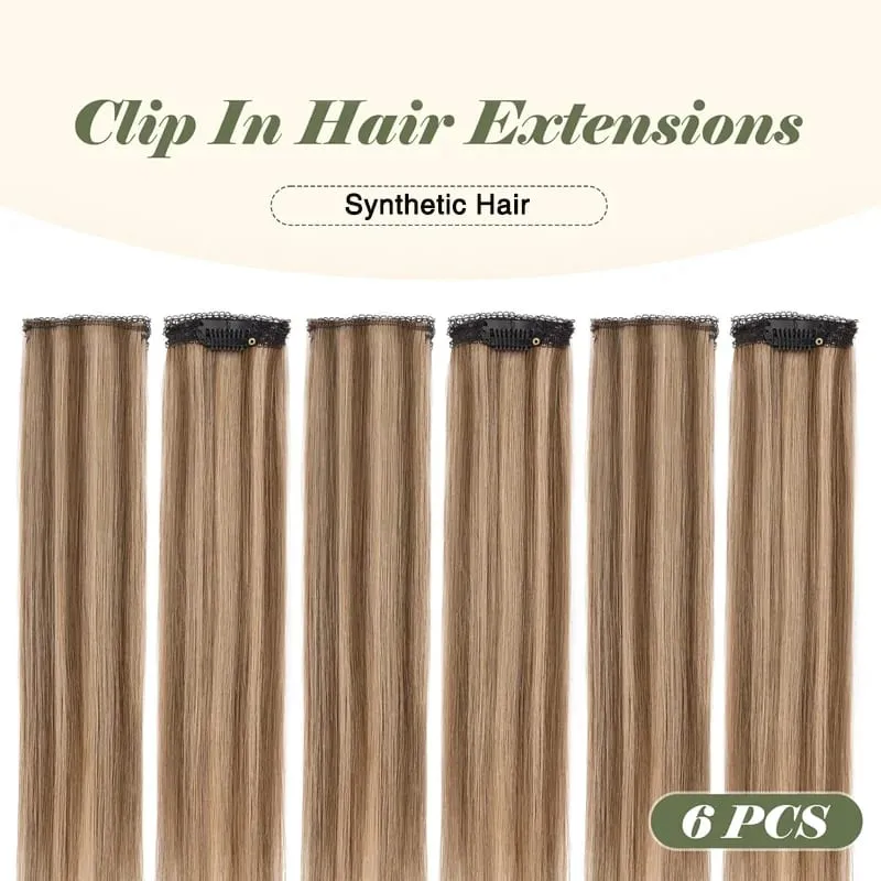 6PCS 6 Clips In Synthetic Hair Extensions Black Color Dark Blonde Short Straight Highlights Hairpin Hairpiece For Women — image 2