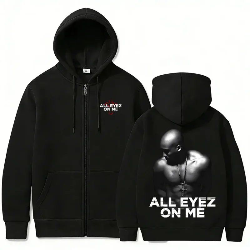 Rapper Tupac 2pac All Eyez on Me Cross Zipper Hoodie Herr Kvinnor Hip Hop Mode Zip Up Huvtröjor Herr Casual Oversized Streetwear — image 2