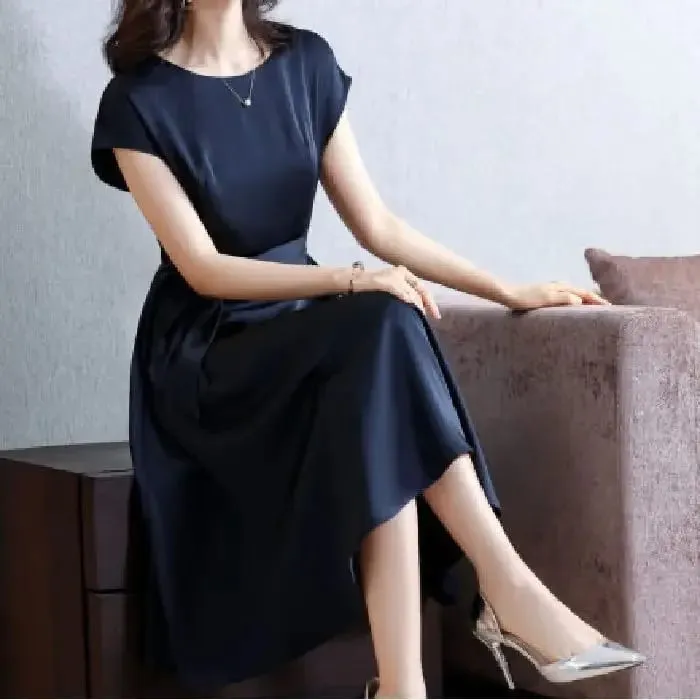 Casual Loose plus Size Solid Color Dress Women's Summer New Style Cool Mom Clothes Long Midi Dress Slimming Effect — image 2