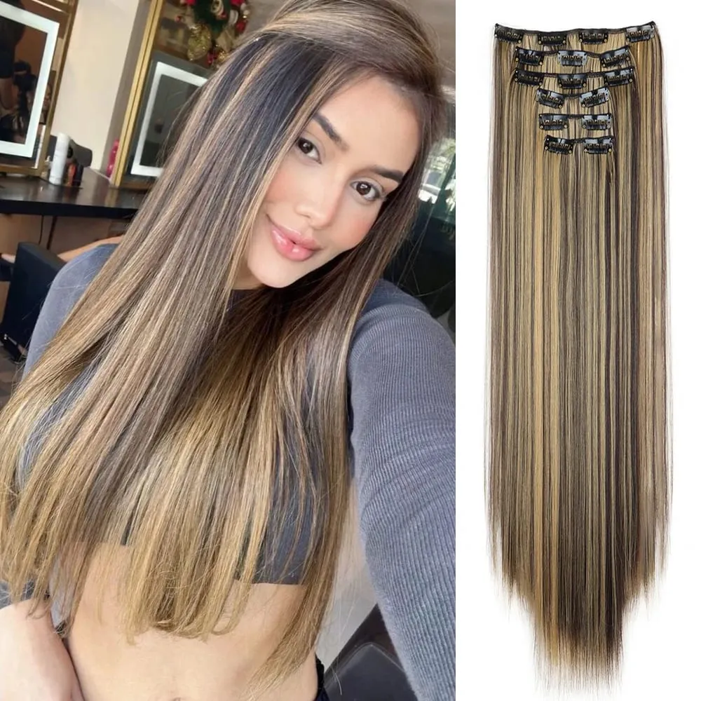Black Hair Extensions 24"/60cm 6pcs/set Women Long Straight Synthetic Full Head Clip 16 Clips Ombre Heat Resistant Fiber Hair — image 12