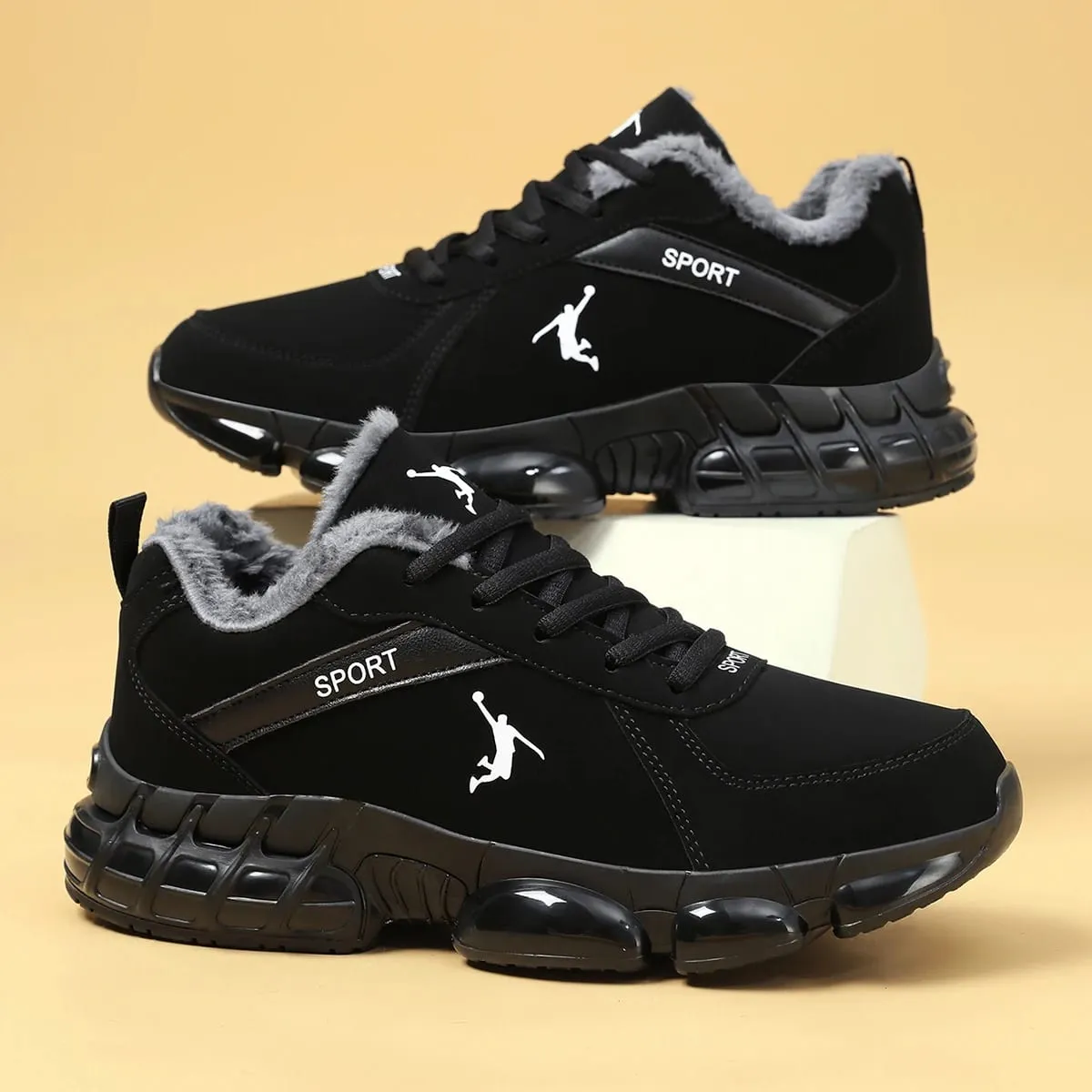 Men Winter Warm Plush Lined Sneakers Air Cushion Thick Sole Non‑Slip Lace‑Up Casual Sports Shoes Outdoor Walking Snow Shoes