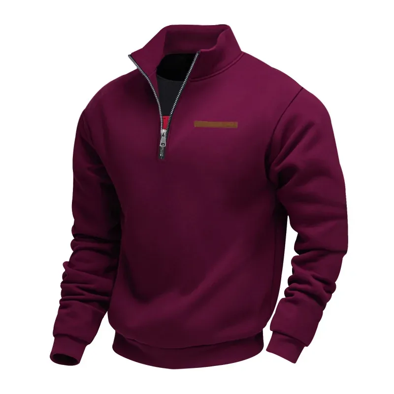 Men's Quarter Zip Sweatshirt Stand Collar Long Sleeve Pullover Casual Fleece Warm Sweatshirt With Chest Decorative Stripe — image 10