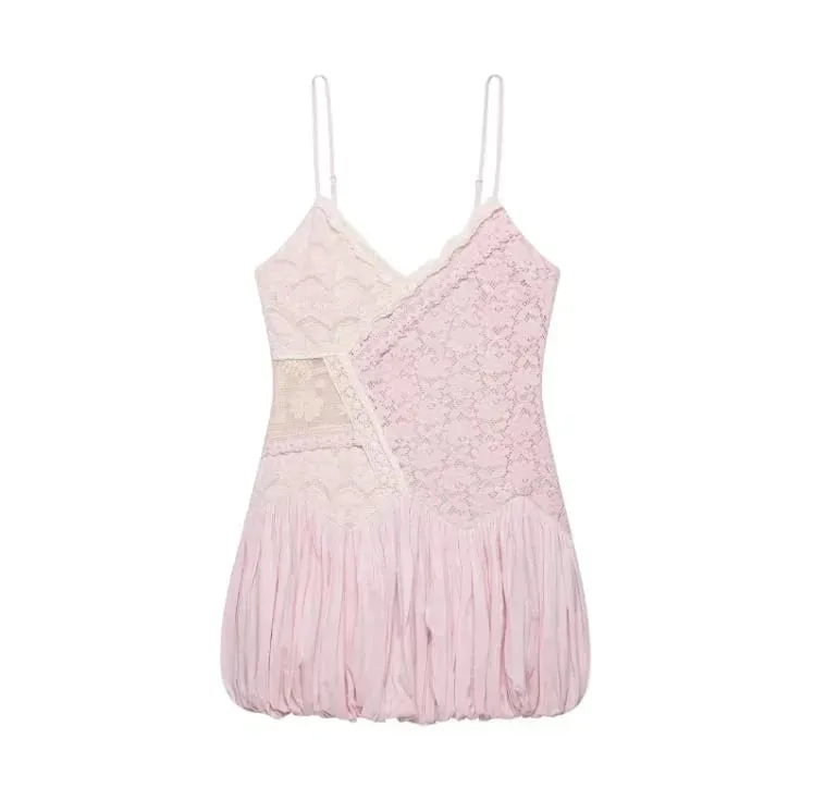Pink Color Block Lace Spaghetti Strap Mini Dress Women Sweet Deep V Sleeveless Bubble Hem Dresses Lady Daily Dating Casual Gown