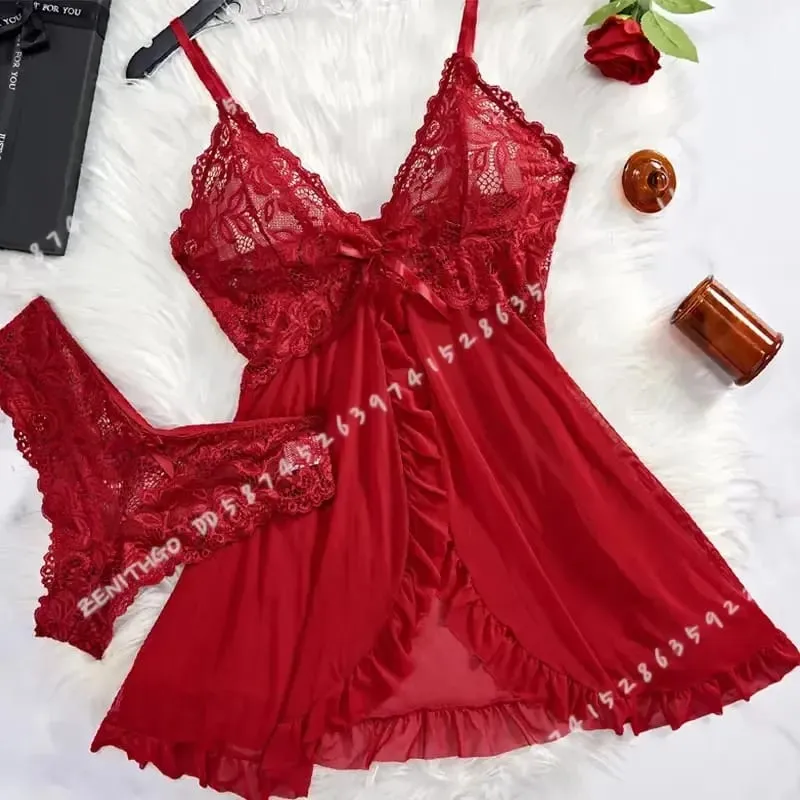 2 Pcs Women Lace Nightgown Set Deep V Neck Bra Panties Transparent Solid Slim Soft Split Nightdress Lingerie