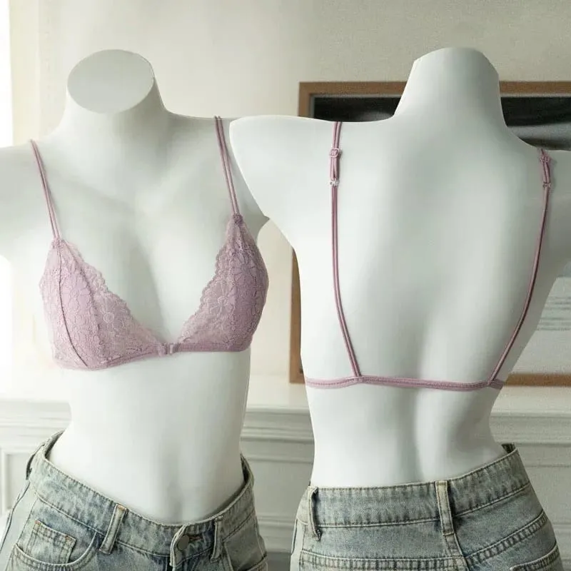 Bra Segitiga Tipis Berenda Seksi Gaya Perancis dengan Kancing Depan Pakaian Dalam Lingerie Nirkabel Cincin Tanpa Baja Wanita Bra Punggung Cantik