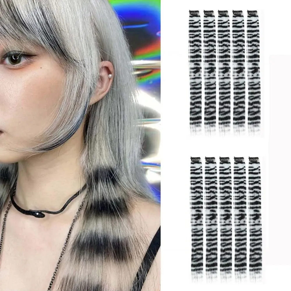 10pcs/set Stripe Printed Hair Colorful Long Straight Hair Pieces Synthetic Clip-in Hair Extensions for Daily Use Party Christmas — image 15