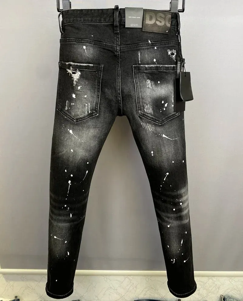 D2 Heren Jeans Denim Broek Gat Slanke Kokerbroek Metalen Knopen Feest Klassiekers Modieus Zwart DSQ2 JENAS